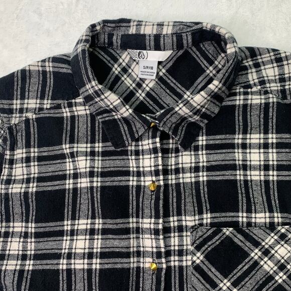 Volcom Womens Small Sleeveless Button Front Flannel Shirt Black White Plaid Raw - Picture 3 of 7